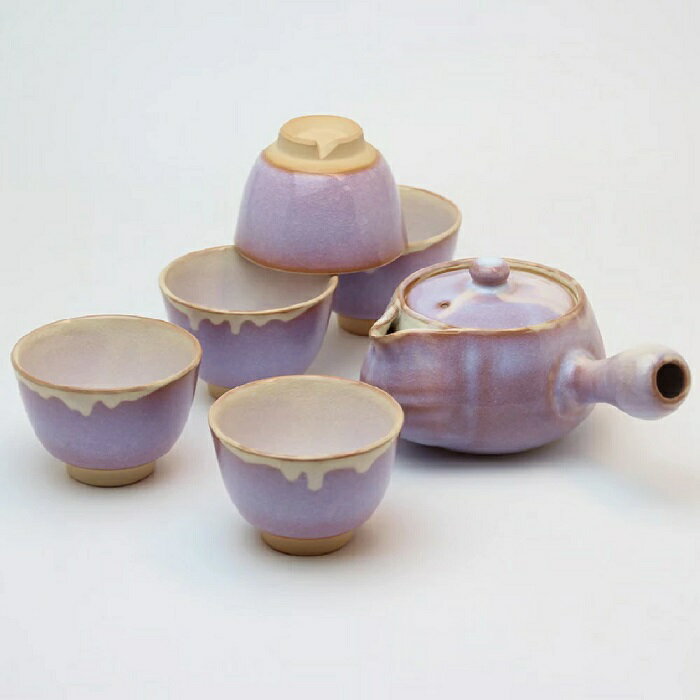 萩焼 椿秀窯 萩むらさきゆり茶器揃 急須：（350ml）碗（130ml）×5