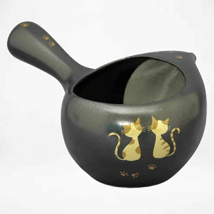 美濃焼 (常滑焼) フタなし急須 晶窯作「ちゃーみる 黒・トラネコ」400ml (えむ網茶こし)