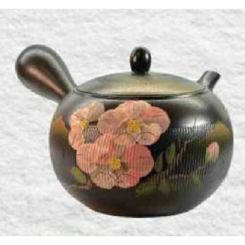 常滑焼 急須 晶作「黒 椿柄ビリ」620ml (おーばる網茶こし)