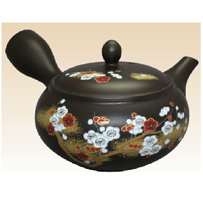 常滑焼 急須 晶作「黒 紅白梅」360ml (おーばる網茶こし)