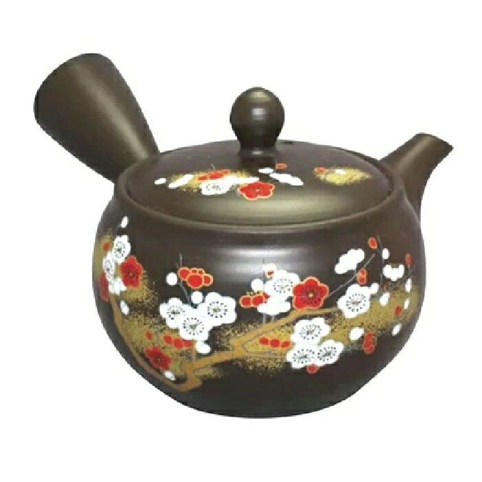 常滑焼 急須 晶窯作「黒 紅白梅」330ml (えむ網茶こし)