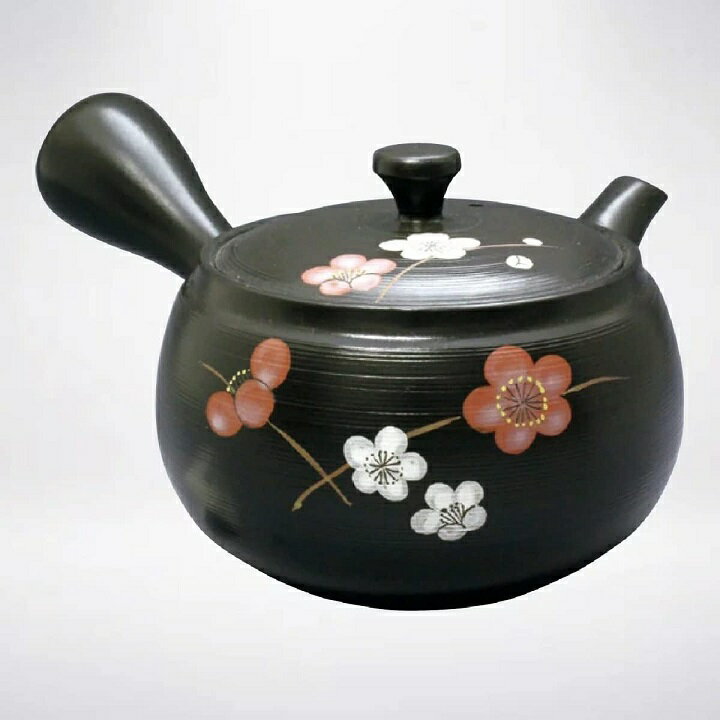 常滑焼 急須 竹春作「黒 紅白梅」320ml (帯網茶こし)