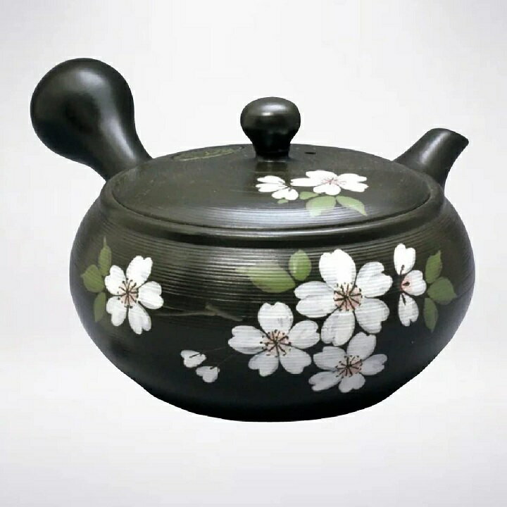 常滑焼 急須 竹春作「黒 白桜」300ml (帯網茶こし)