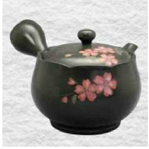 常滑焼 急須 竹春作「黒 ピンク桜」240ml (帯網茶こし)