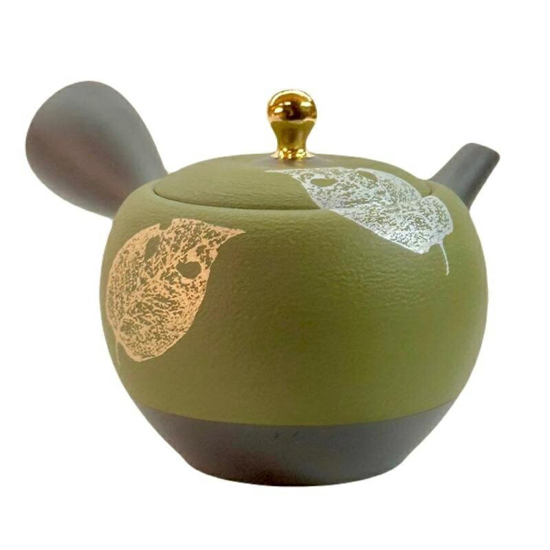 常滑焼 急須 昭萌作「緑金銀木の葉」330ml (セラメッシュ茶こし)