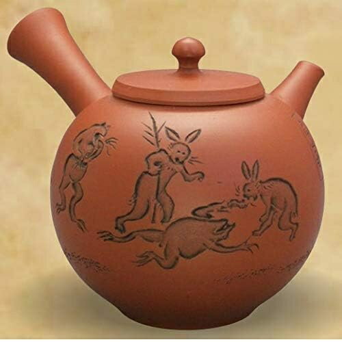 常滑焼 急須 青峰作「朱泥 印籠 鳥獣戯画 」270ml (ささめ茶こし)