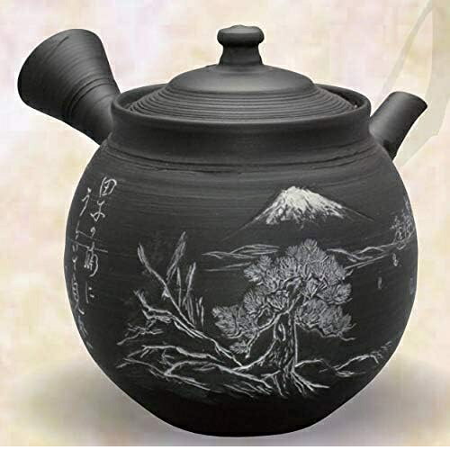 常滑焼 急須 風月作「黒窯変 富士に和歌彫」250ml (陶茶こし)