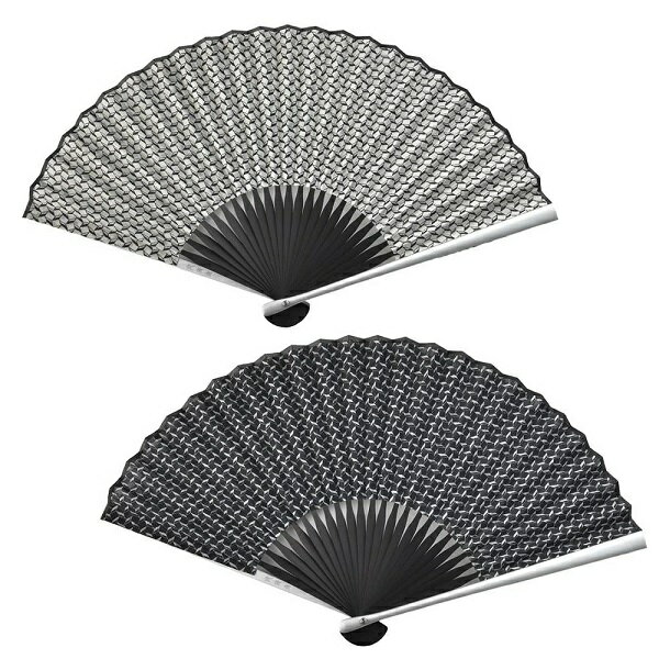 親骨にアルミを使用したモダンな印象の扇子。 扇面には幾何学柄をあしらい、ジャケットスタイルなど現代的なファッションにマッチするデザインに仕上げました。 扇子袋と木箱が付属するので贈り物としても最適です。 付属の扇子袋にはコーデュラ(R)バリスティックナイロン生地を使用しています。 高強度で耐久性に優れた頼もしい生地です。 サイズ：開き時：幅40cm×高さ22.5cm×奥行き3cm 畳み時：最大幅1.3cm×高さ22.5cm×奥行き3cm 材質：ポリエステル、竹、アルミ 生産国：日本 付属品：扇子袋（コーデュラバリスティックナイロン製）、木箱　