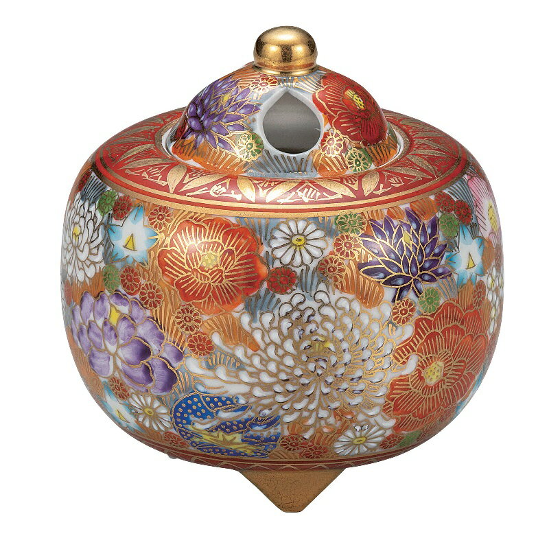 【未使用】九谷焼 幸仙窯 花柄香炉 木箱付き金彩花詰 陶器 陶芸 工芸品 骨董 4号香炉 金花詰