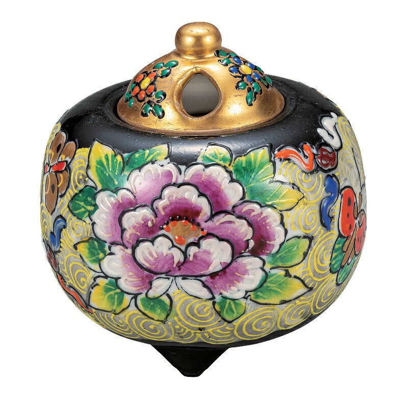 九谷焼 3.5号香炉 黒盛花と蝶