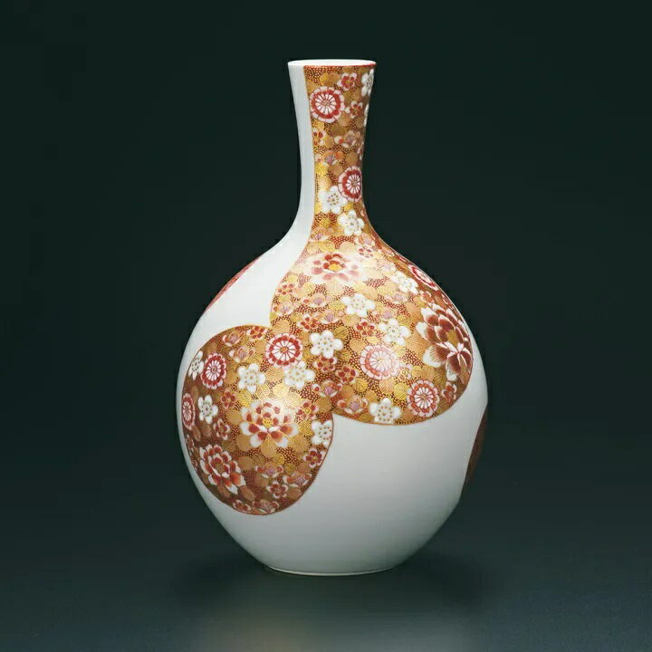 九谷焼 高聡文 8号花瓶 赤絵金彩花詰紋