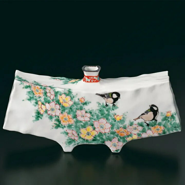 九谷焼 中村陶志人 8号扁壺 バラに四十雀