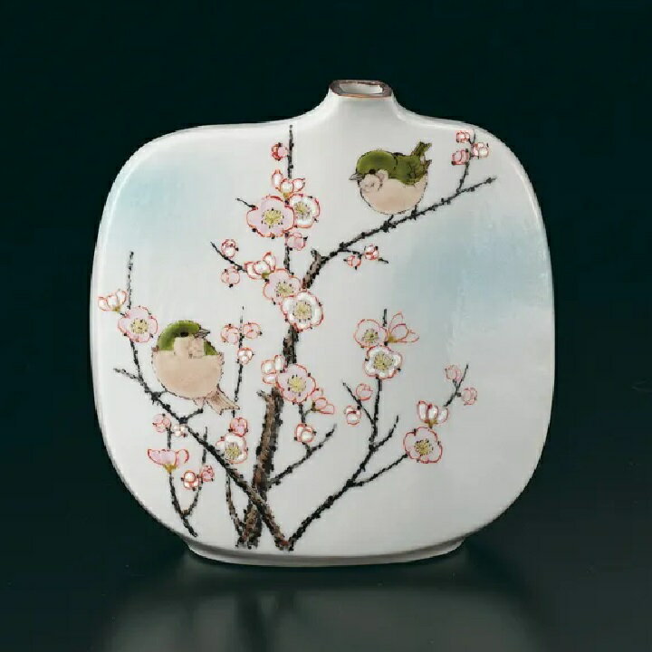 九谷焼 中村陶志人 4号扁壺 梅にウグイス