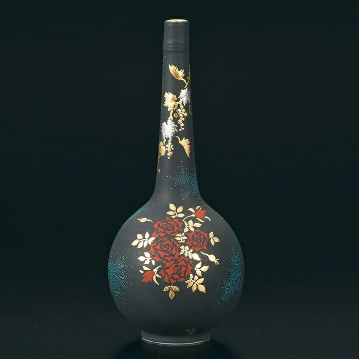 九谷焼 仲田錦玉 花入 白金盛薔薇葡萄図青粒