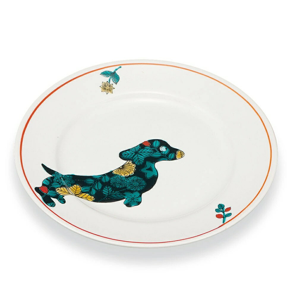 九谷焼大志窯6号皿ボタニカル青手犬