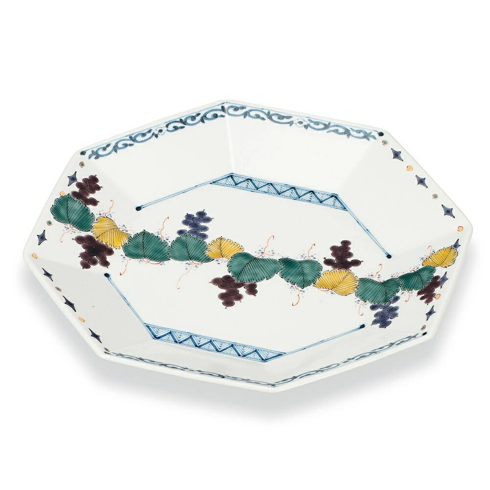 九谷焼 銀泉窯 8号8角皿 葡萄文