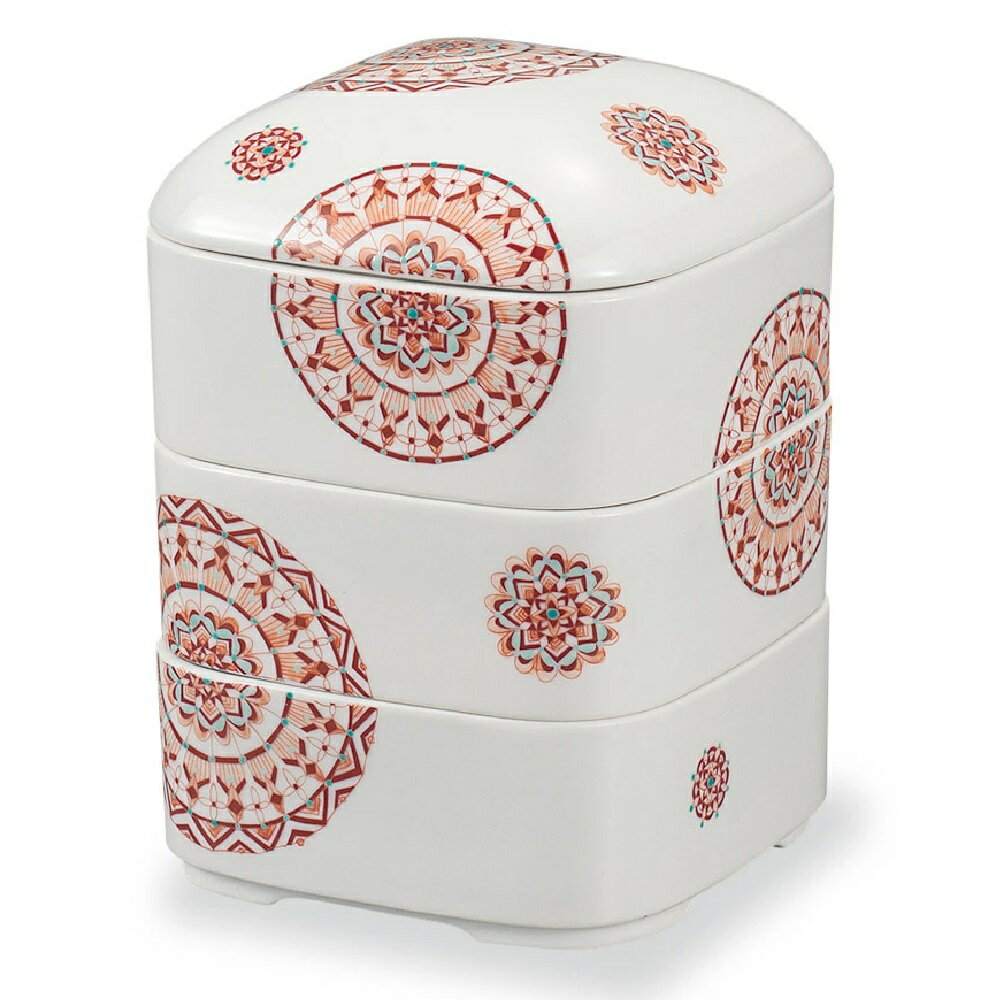 九谷焼 大志窯 三段重 赤絵丸紋