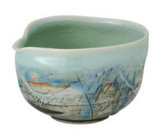 美濃焼【片口抹茶碗】片口二色線描き青白