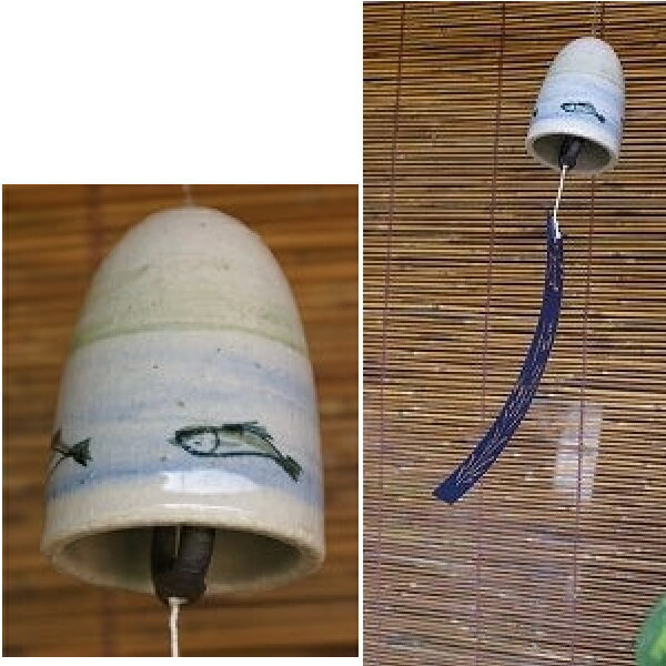 信楽焼 風鈴・小鮎　すべて手描きで作っており表情やポーズが写真のものと異なります。ご了承ください。