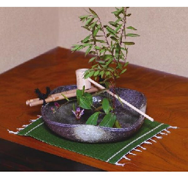 信楽焼 花器・つくばい 緑釉窯肌○ 付属:ひしゃく、渡し、剣山