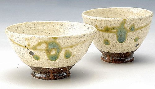 G5-2807＆2808　緑絵：飯椀＆湯呑セット【信楽焼】