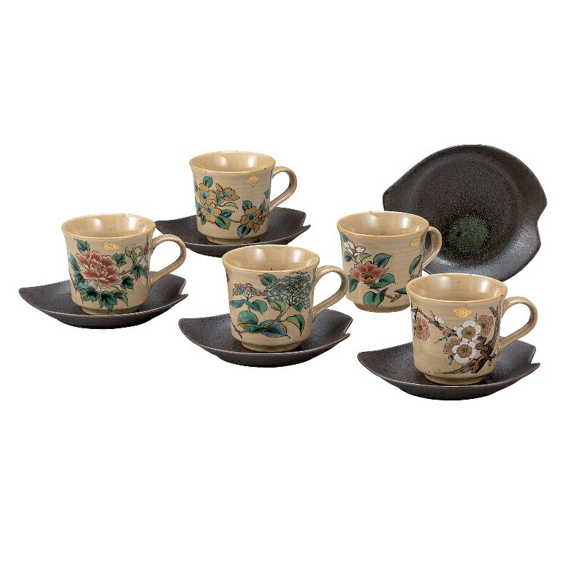 九谷焼 コーヒーセット カップ＆ソーサー・金箔草花絵変り