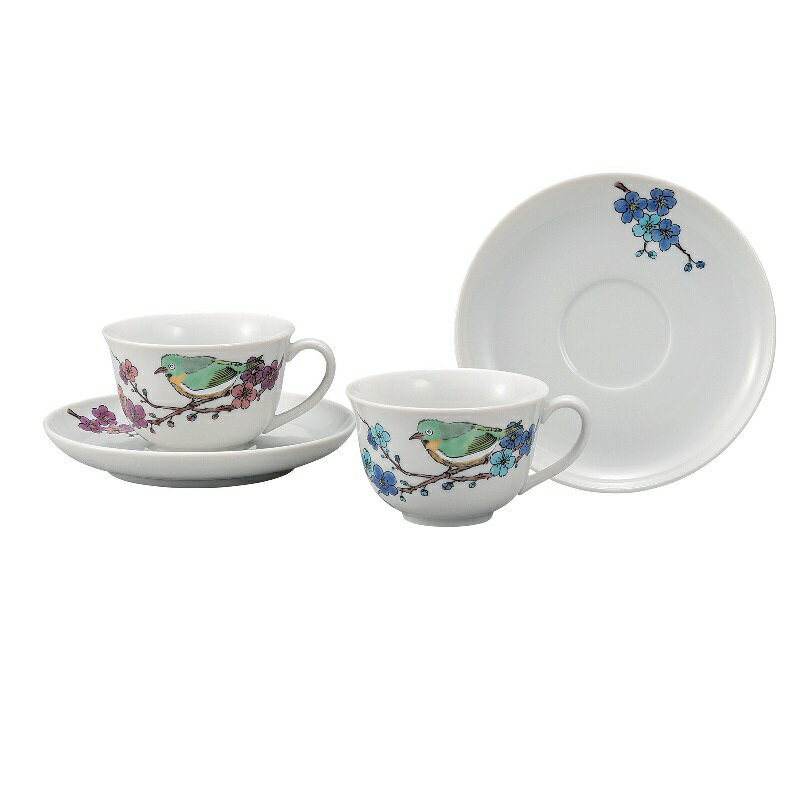 九谷焼 ペアコーヒー カップ＆ソーサー・めじろに梅