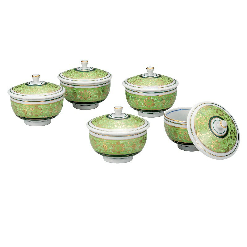 九谷焼 蓋付汲出揃・白粒鉄仙きみどり (5客組)