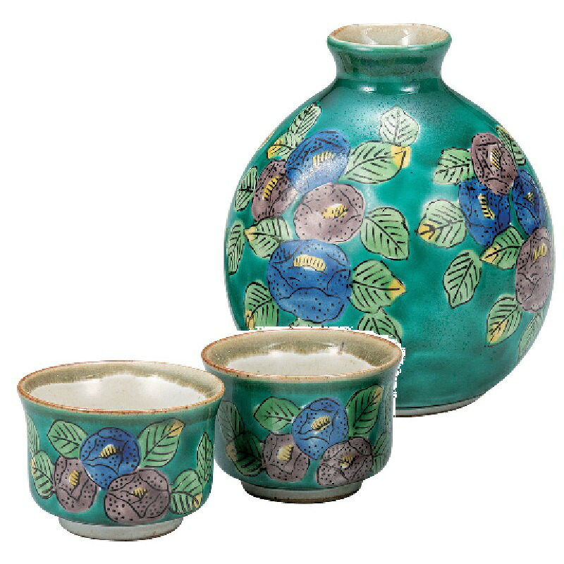 九谷焼 晩酌揃 グリーン椿 / 徳利（容量350cc）盃（口径5.5×高さ4cm×2客）