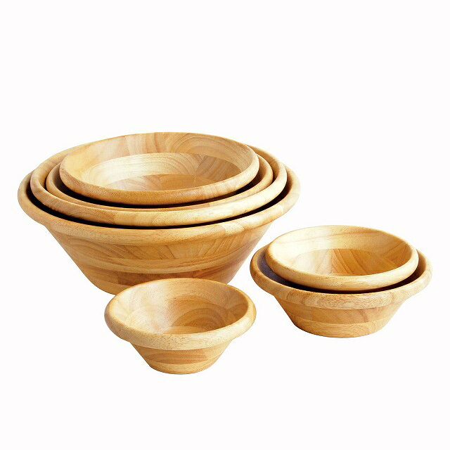 サイズ: φ14cm:約φ14×H5.5cm φ15cm:約φ15×H6.3cm φ18cm:約φ18×H6.5cm φ21cm:約φ21×H8cm φ24cm:約φ24×H8cm φ27cm:約φ27×H10.3cm φ30cm:約φ30×H10.3cm ■生産地：ベトナム ■素材：ラバーウッド集成材/ウレタン塗装 天然木のサラダボウルをシリーズ展開。 小ぶりな一人用φ14cmから、大人数用・ビュッフェ用φ30cmまで7サイズを準備。 サイズにより様々な用途にお使いいただけます。 ☆全サイズ、スタッキング可能です。 ☆扱いやすいスタイル、ナチュラルなキッチン雑貨としても。 ☆飲食店様では、サイズによりオリジナル料理の丼ぶりとしてもおすすめです。 ☆コストパフォーマンスの高い商材です。 ☆大きめサイズは、惣菜のうつわ、ビッフェの器、焼き菓子などの販売什器にもご活用いただけます。