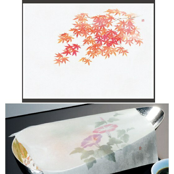 サイズ・約13x18cm ■生産地：日本 ■素材：無蛍光奉書和紙（天然セラミック混抄） お料理をやさしく包む、鮮度保持紙です。 四季おりおり、 少し控えめにお料理を盛り立てます。 ふわりと掛け紙としてご使用ください。 ☆吸水性の高い長繊維パルプを使用しております。 ☆セラミックのもつ保水性が、素材から発生する老化促進ガスを速やかに吸着。鮮度を保ち、乾燥や変色を防ぎます。 ☆霧吹きなどで、よく湿らせてご使用ください。　 ☆彩度を抑えた色調で仕上げております。〈敷紙〉としてもご使用いただけます。 【ご使用上の注意】 食用色素インキを使用しておりませんので、直接お料理を盛りつける時は、必ず印刷部分を避けるか OPクリアシート をご使用ください。　