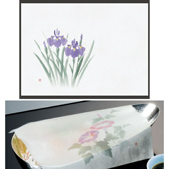 サイズ・約13x18cm ■生産地：日本 ■素材：無蛍光奉書和紙（天然セラミック混抄） お料理をやさしく包む、鮮度保持紙です。 四季おりおり、 少し控えめにお料理を盛り立てます。 ふわりと掛け紙としてご使用ください。 ☆吸水性の高い長繊維パルプを使用しております。 ☆セラミックのもつ保水性が、素材から発生する老化促進ガスを速やかに吸着。鮮度を保ち、乾燥や変色を防ぎます。 ☆霧吹きなどで、よく湿らせてご使用ください。　 ☆彩度を抑えた色調で仕上げております。〈敷紙〉としてもご使用いただけます。 【ご使用上の注意】 食用色素インキを使用しておりませんので、直接お料理を盛りつける時は、必ず印刷部分を避けるか OPクリアシート をご使用ください。　