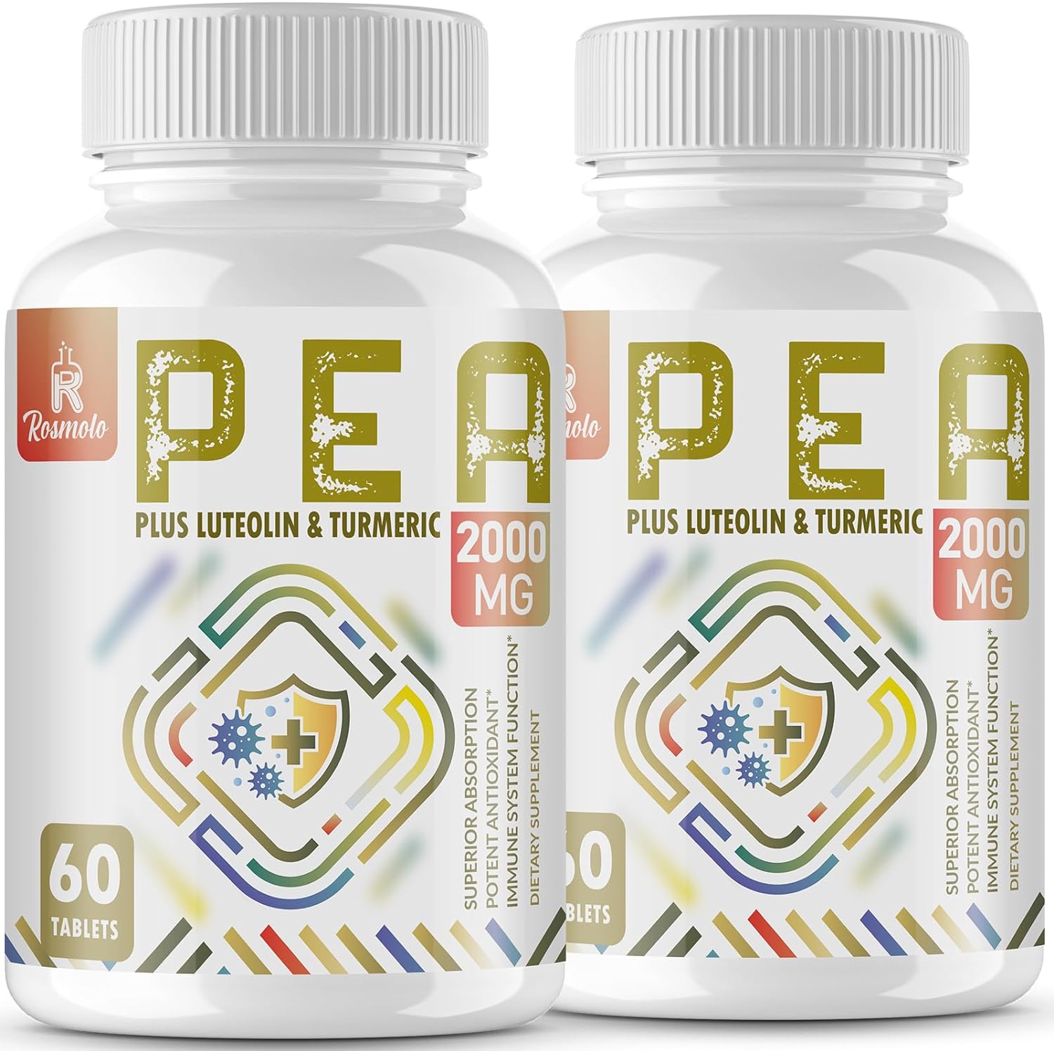 1日2粒を目安にお召し上がりください Rosmolo 1500MG Palmitoylethanolamide with Luteolin 98% & Turmeric, High Absorption, Micronized Pea Supplement for Discomfort Management- USA Made - 120 Tablets　こちらの Lake Avenue Nutrition　PEA（パルミトイルエタノールアミド）、300mg、ベジカプセル365粒に興味をもつお客様からもご愛用を頂いております1粒あたり PEA パルミトイルエタノールアミド 750mgとルテイン 150mg配合とターメリック ウコン100mg配合 PEA とルテオリンとターメリック-ウコン の組み合わせは、PEA またはルテオリンまたは ターメリック-ウコン 単独よりもよいようです。 非遺伝子組み換えで、乳製品、大豆、卵、小麦、乳糖、保存料は含まれていません。