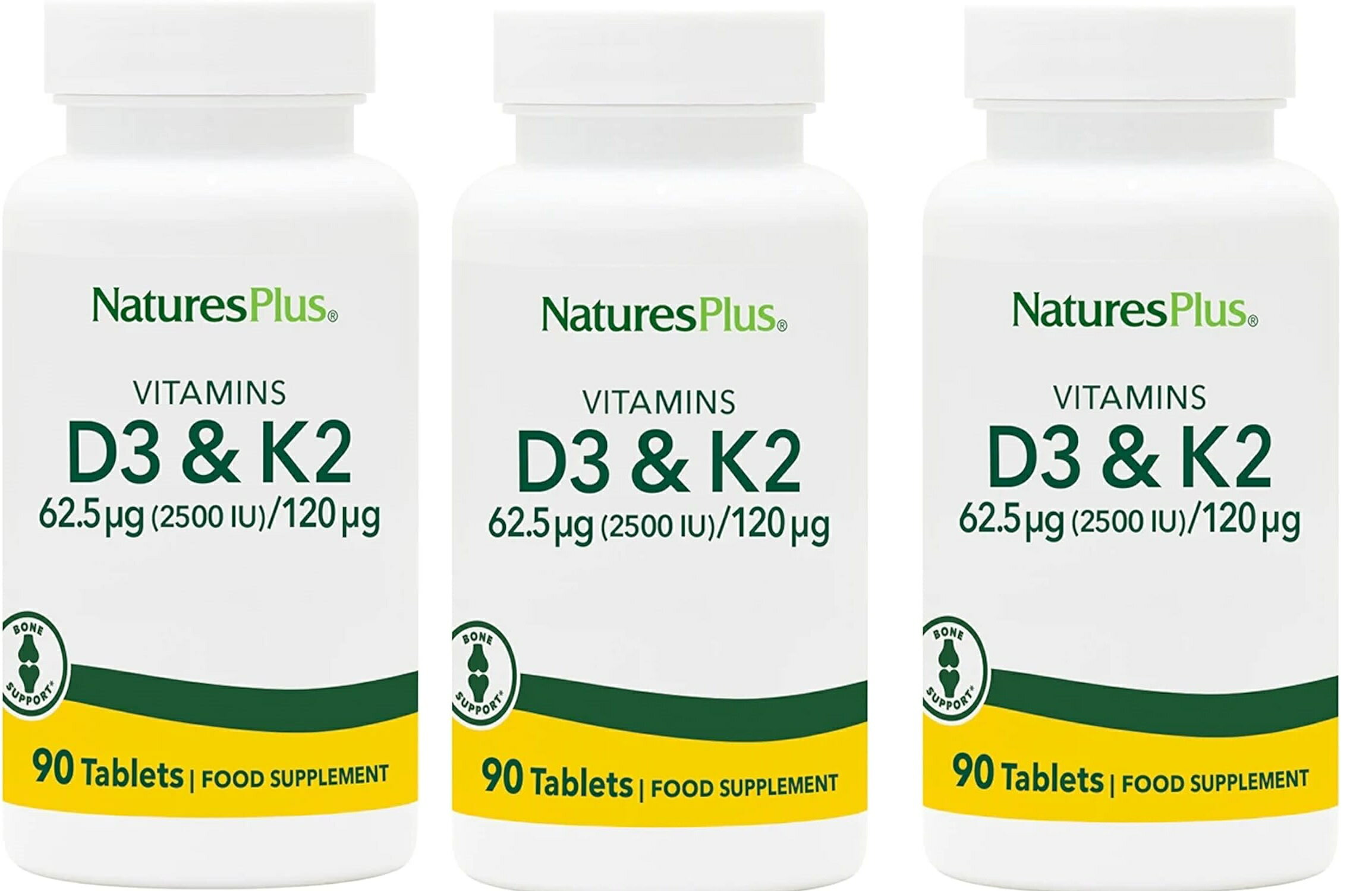 「お得な3本セット」NaturesPlus　Vitamins D3 & K2, 90 Tablets ×3本 サプリメント