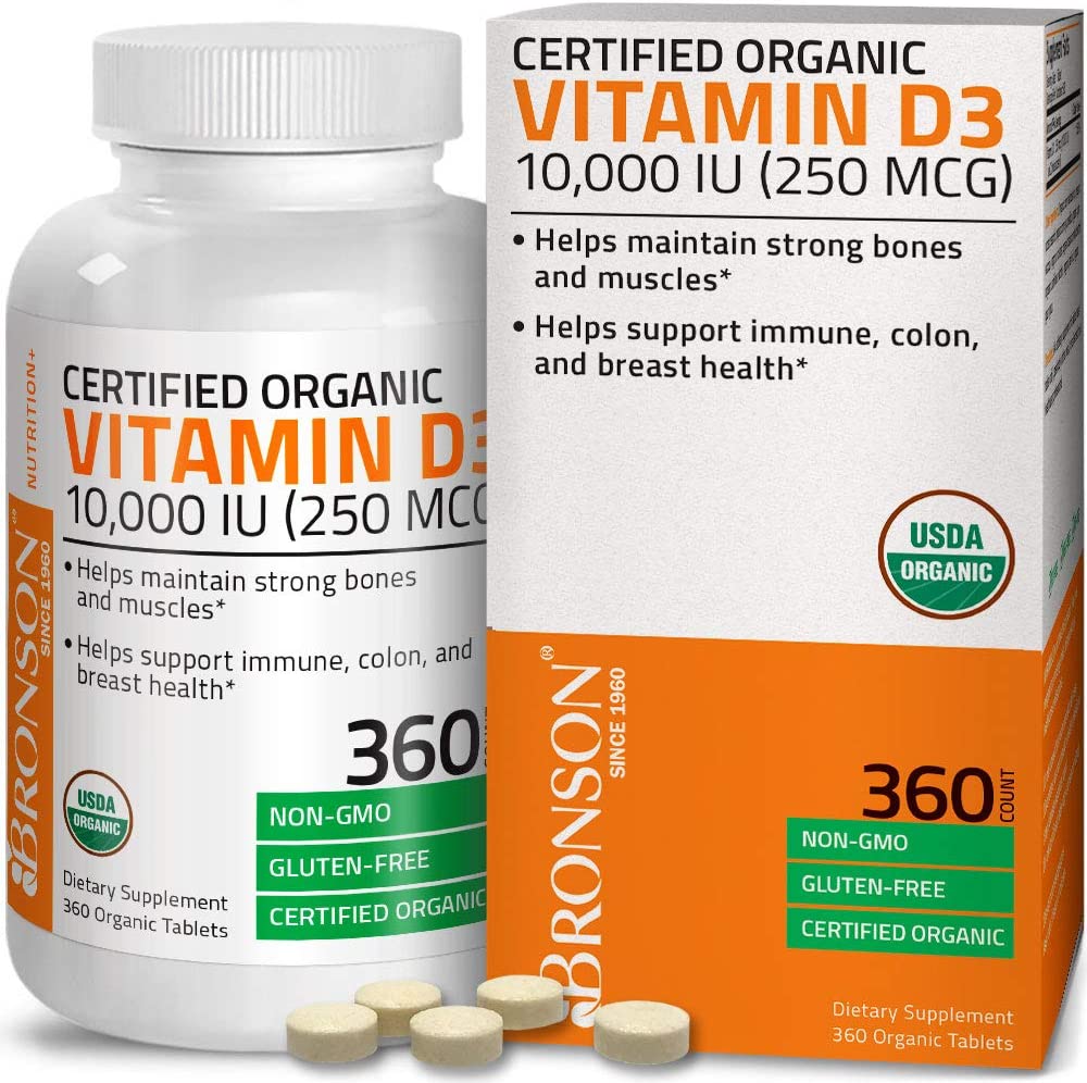 Bronson Vitamin D3 10,000 IU (250 mcg) Healthy Muscle Function & Bone Health, High Potency Organic Non-GMO Vitamin D Supplement 360Tablets