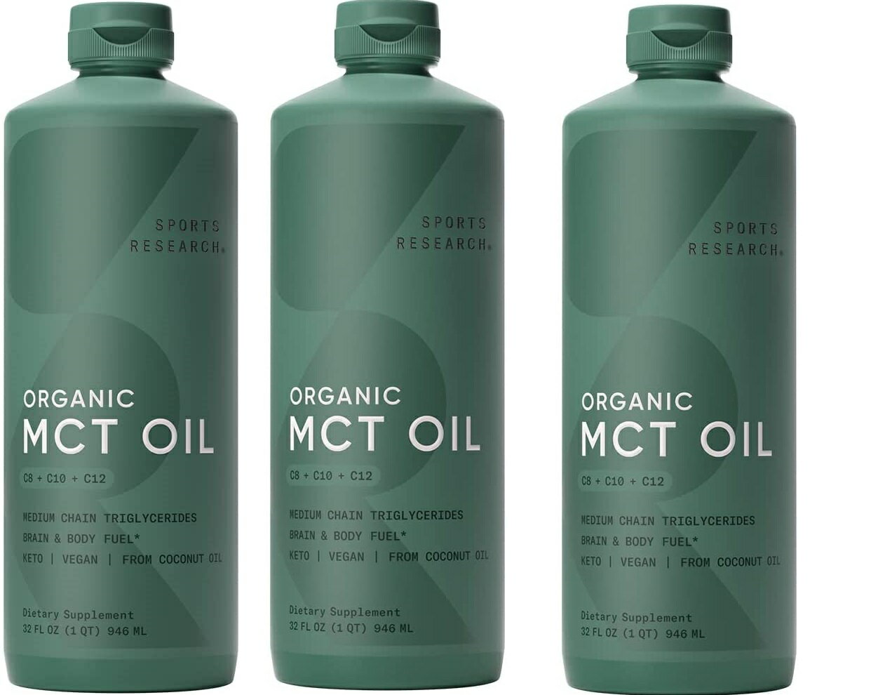 「お得な3本セット」 Premium MCT Oil derived only from Organic Coconuts 32oz BPA free bottle | The only MCT oil certified Paleo Safe Sports Research社 MCTオイル 無香料 946 mlが3本 中鎖トリグリセリド 100％ココナッツ カプリル酸 カルピン酸 ラウリン酸 1