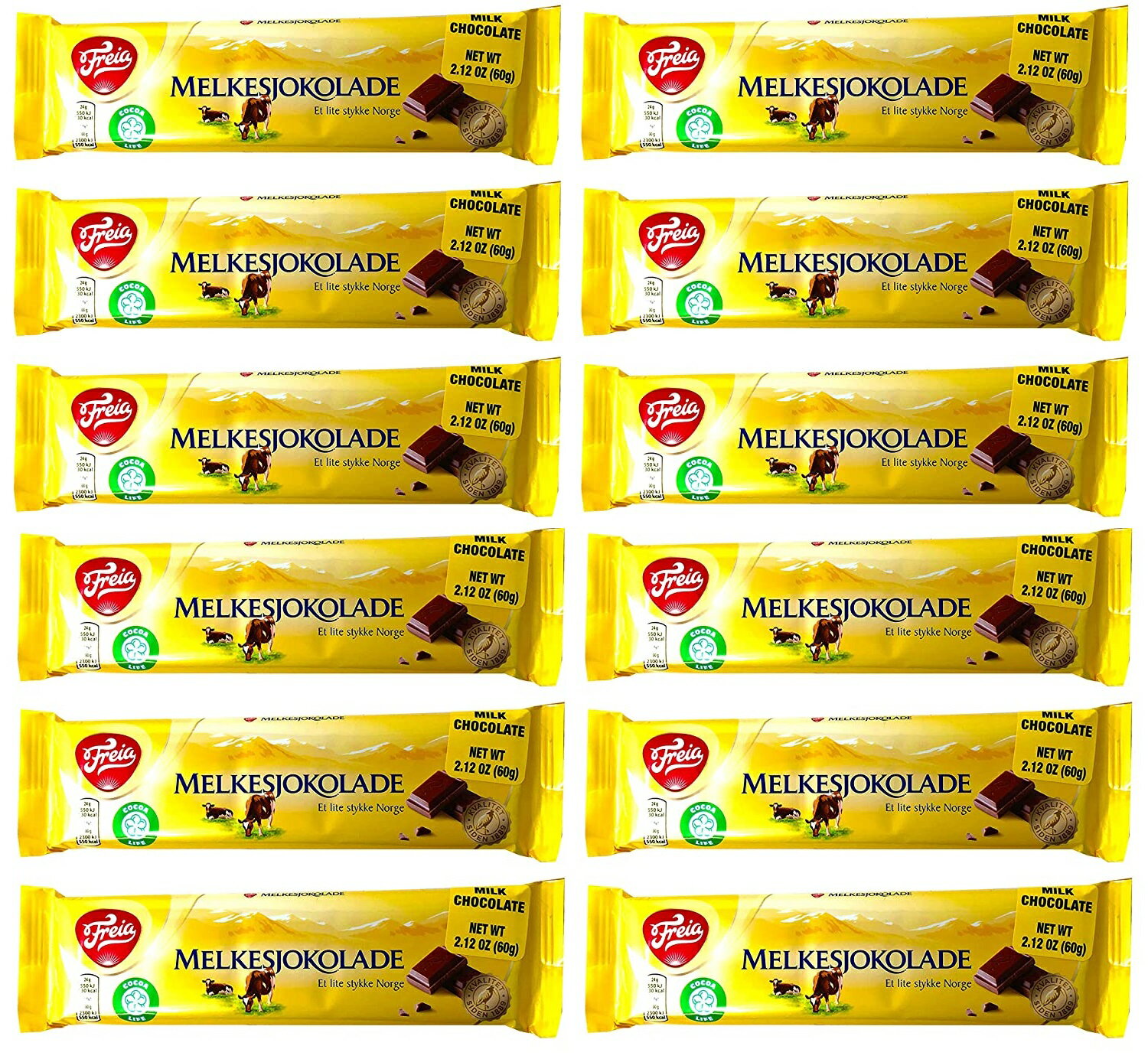 「お得な12本セット」ノルウェーのフレイアミルクチョコレートバー（1本あたり60g）各6パック×2 Freia Milk Chocolate Bars From Norway - 2.12 Ounce (60 grams) Each - Pack of 6×2