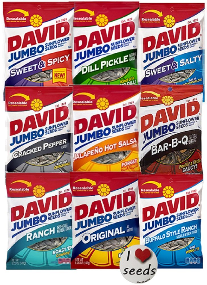 David Sunflower Seeds 9 Pack Variety (5.25 Ounce each) Includes Bonus Magnetアメリカ育ちのDAVID Seeds は、100 年間、アメリカ産のヒマワリの種を製造してきました。誰もが気に入る本格的なホームスタイルの味のために高品質の材料で作られています。 DAVID ヒマワリの種全体をローストし、塩やその他の自然な風味で完璧に味付けします。これらの植物ベースのスナックは、おやつの勉強やイニングの合間のおやつに最適です。 人工香料不使用 DAVID Sunflower Seeds のフレーバーには、オリジナル、スイート & ソルティ、スイート & スパイシー、バッファロー ランチ、ハラペーニョ ホット サルサ、バー BQ、減塩などがありますが、天然のフレーバーから作られています。