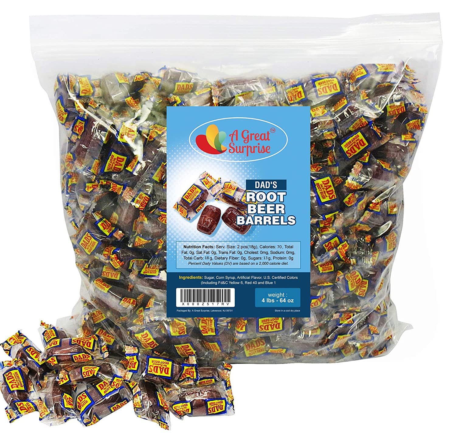 A Great Surprise 社Dad's Root Beer Barrels - Washburn Hard Old Fashioned Candy Individually Wrapped, 1.81kg Bulk Candy