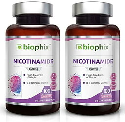 「お得な2個セット」Biophix社ビタミンB-3 フラッシュフリーナイアシンアミド 500 mg 100粒入り×2本