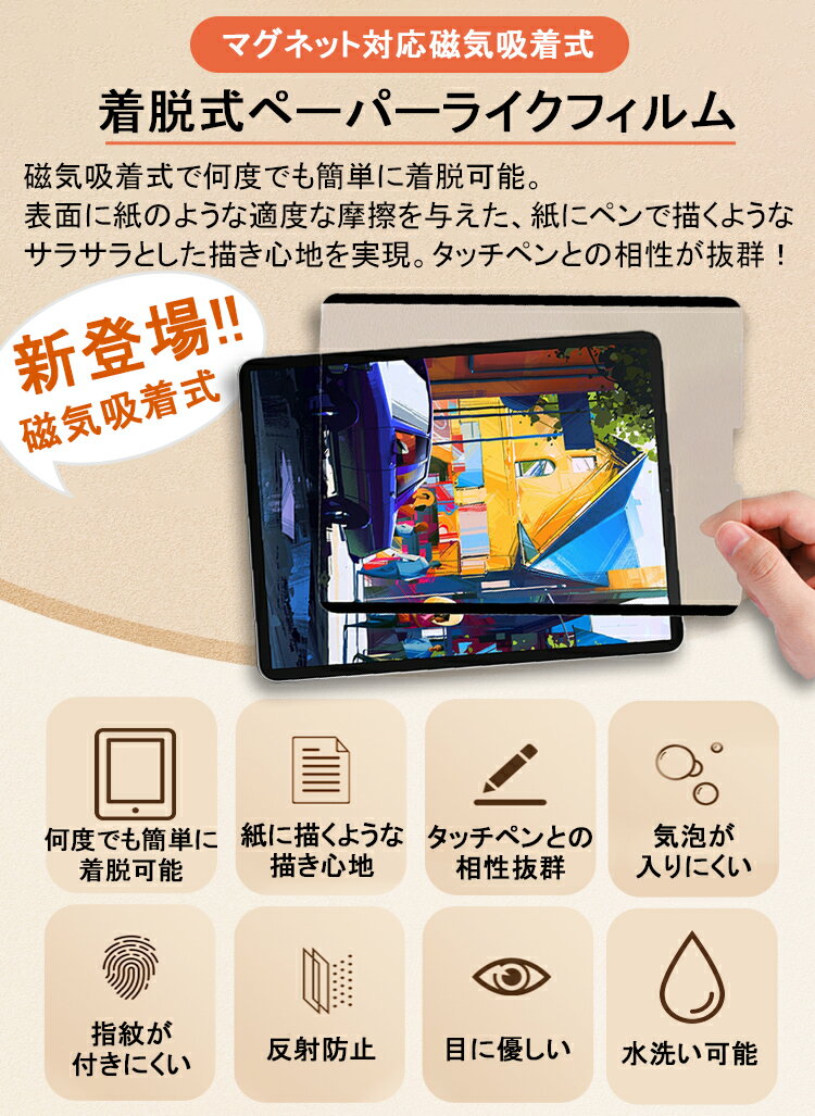 【200円OFFクーポン配布中】着脱式 ペーパーライクフィルム iPad 保護フィルム iPad Air5 第9世代 mini6 iPad Pro 12.9 11インチ iPad Air4 mini5 mini4 Air3 第 8 76543 世代 8.3 10.2 10.9 タッチペン iPad マグネット式 磁気 非光沢指紋/反射防止 紙のような描き心地