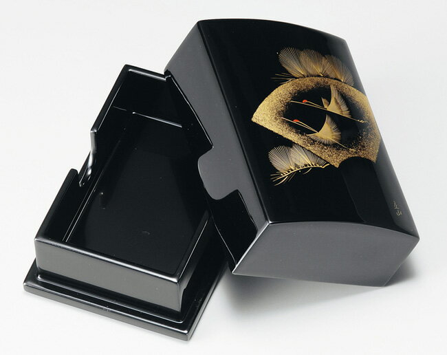 木製越前塗　扇面松に鶴　名刺箱（小）　黒