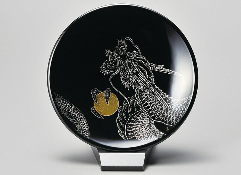 越前塗　龍　飾り皿（小）スタンド付　黒