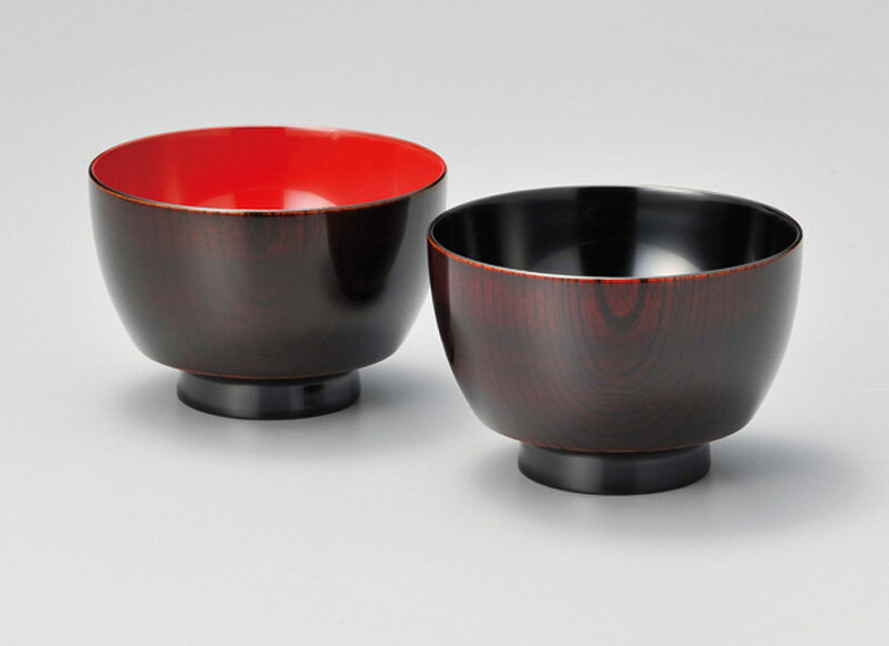 越前塗り 欅振袖汁椀 木地呂内朱 内黒 2客