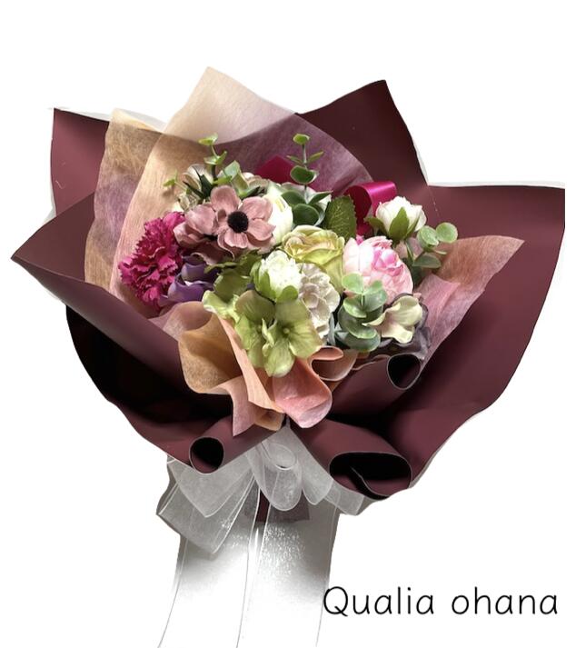 枯れない花束 25cm 華やかブーケ 花束 ローズ 韓国風ラッピング アーティフィシャルフラワー 枯れないお花 大人ワイン ローズ バラ 花 ギフト プレゼント ラッピング リボン 華やか おしゃれ 話題コンサート お誕生日 記念日 お見舞い お礼 お返し プロポーズ