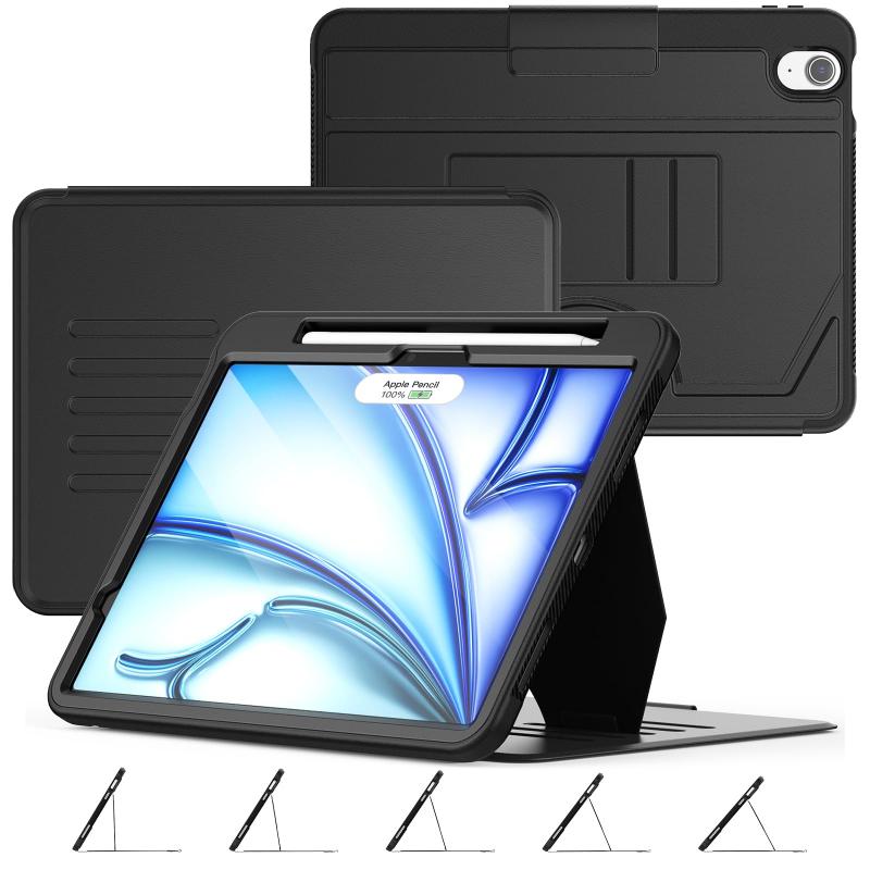 iPad Air 11インチ(M2) ケース(2024)専用 5段階横置き調節 スリープ ウェイク TPU素材 PUレザー カード収納 ペン収納 強磁力 保護カバー（能）