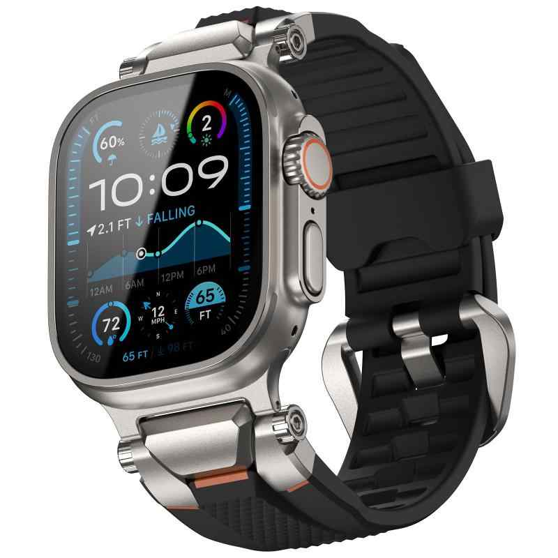 樂天商城 - ウォッチ バンド for Apple Watch Ultra 3/2/1対応 49mm/46mm/45mm/44mm メンズモデル、シリコンバンドに耐久性のあるステンレススチールバックル付き。 (シルバー ブラック)