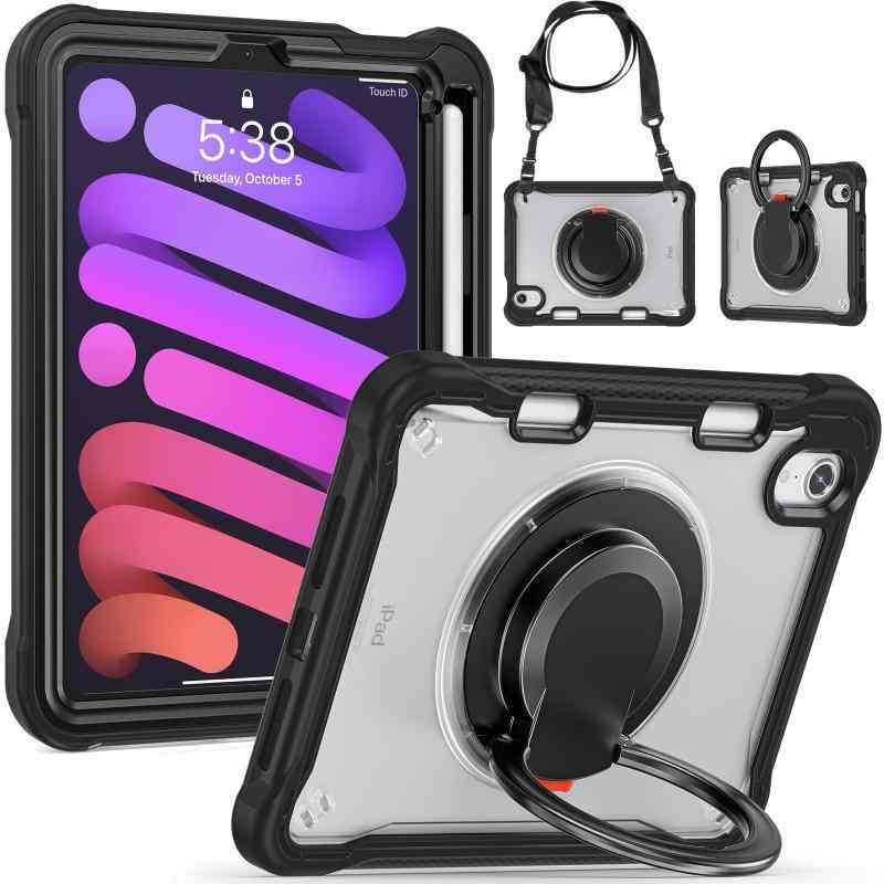 iPad Mini6/iPad Mini7 (A17 Pro)用ケース 縦置き 横置き 肩掛け 360°回転持ち手 ペン収納 ショルダーストラップ付き…