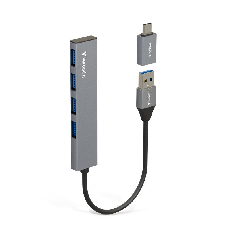 Verbatim バーベイタム 4-in-1 USBハブ USB 3.2 Gen 1 (USB3.0) Type-Cアダプタ付 4ポート USB-A & USB-C両対応 プレミアムアルミ筐体 ＆スリム軽量デザイン UBA41