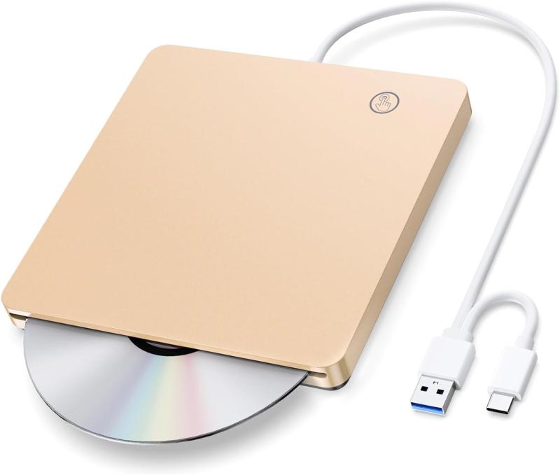 樂天商城 - CD DVDドライブ 外付け USB 3.0＆Type-C兼用 スロットイン式 タッチイジェクト 外付けDVD/CDドライブ Mac/Windows/Linux等対応 DVD/CD/VCD読み書き 薄型 ポータブル DVD/CDドライブ (ゴールド)